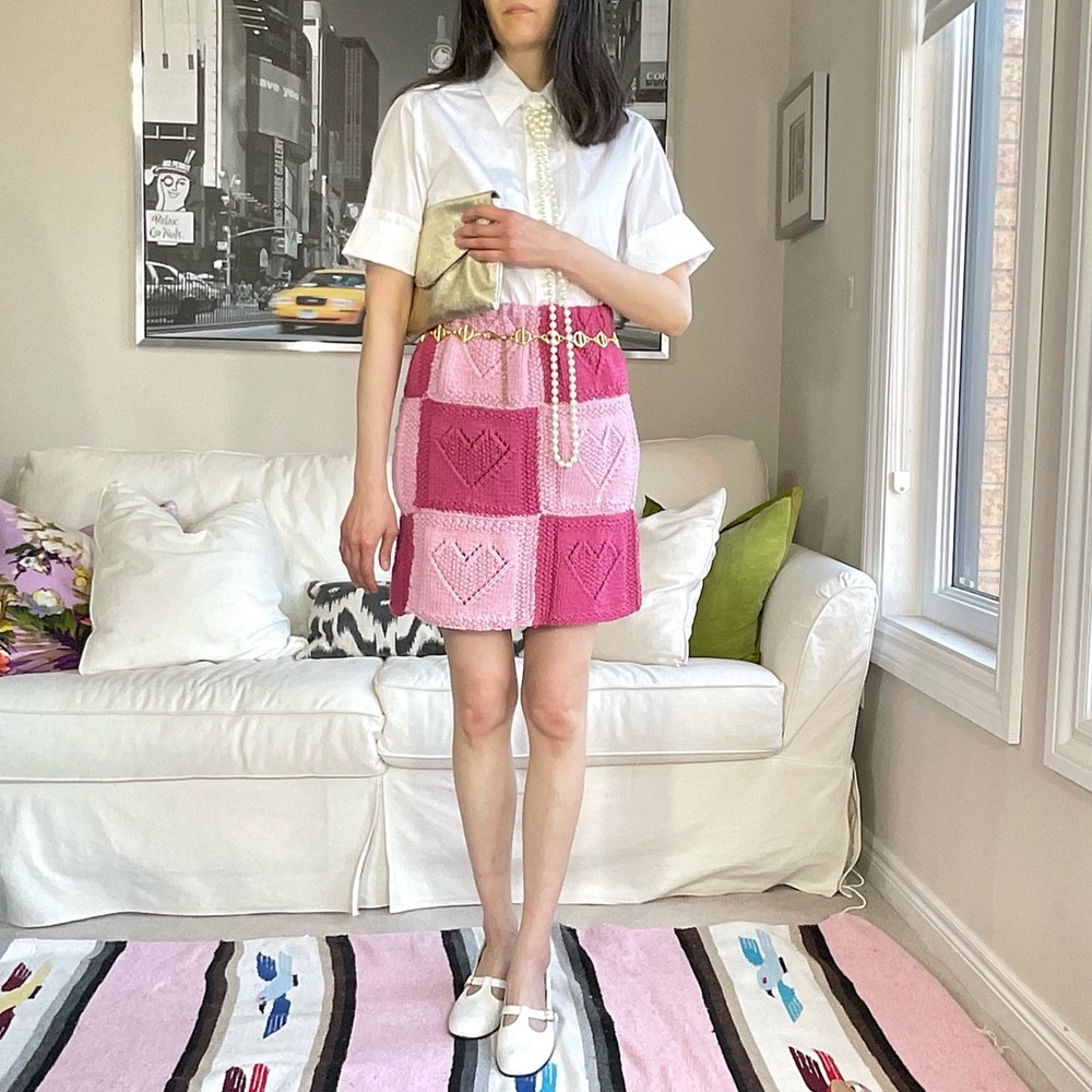 Redesigned heart granny square knit short skirt